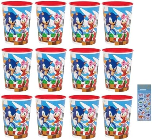 Unique Sonic the Hedgehog Birthday Party Supplies Bundle includes 12 Plastic Reusable Cups 16oz and 1 Dinosaur Sticker Sheet image 2