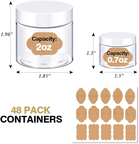Miniatura 3 de Tarros de plástico redondos de 2 onzas con tapas blancas  Recipientes de muestra pequeños transparentes de 0.71 oz (juego de 48) para crema,