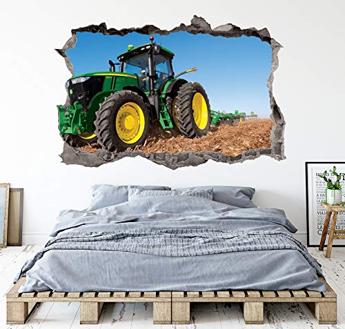 Green Tractor Wall Decal Art Decor 3D Smashed Concrete Farm Sticker Kids Bedroom Mural Custom Gift Up26 (24"W X 16"H) #TOP2