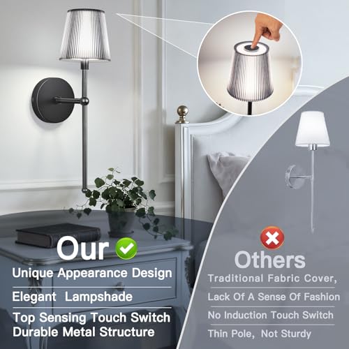 Image of TaoFiaCo Battery Operated Wall Sconces Set of 2,Wireless Wall Sconce Black | 5200mAh Rechargeable, Remote, Timer, Dimmable, Cordless Wall Light for Bedroom Living Room, Hallway, Light Decor
