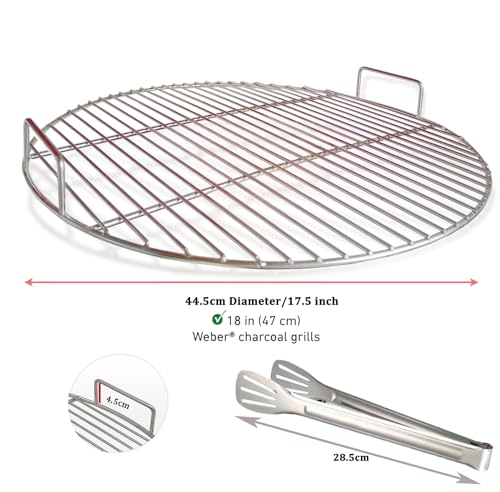 Huanniu - Runde 304 Edelstahl Grillroste mit Grillzange, 44.5 cm Durchmesser, passend für Weber 47cm Kugelgrill, Holzkohle Grill, tragbares Grillzubehör