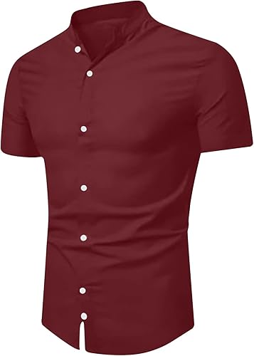 Miniatura 6 de Camisas con botones para Hombre, Camiseta de Manga Corta con Cuello Alto, Blusas, Jersey ajustado sólido, Camisetas