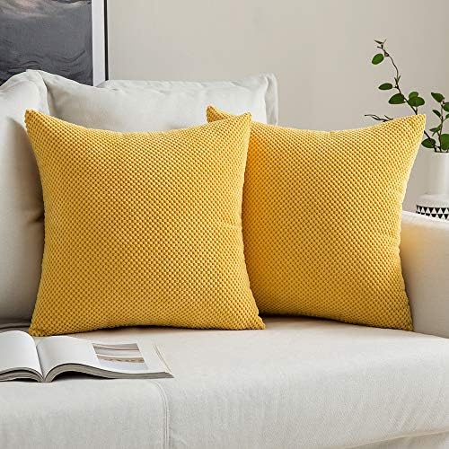 MIULEE Corduroy Granule Fabric Square Throw Pillow Case Solid Cushion Cover Sham Home for Sofa Chair Couch Bedroom Decorative Pillowcases 16x16 inch 40x40cm 2 Pieces Lemon