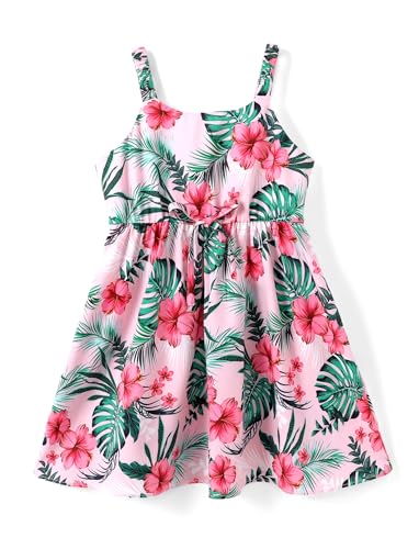 Image of PATPAT Girls Summer Dress Hawaiian Floral Beach Tropical Sundress 2-7 Years | Midi Spaghetti Strap Dress with Lining