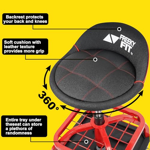 Image of Rolling Stool with Red Wheels, Heavy Duty Garage Work Mechanic Rolling Shop Stool with Backrest, Adjustable Height 360Swivel Roller Mechanic Chair with 2 Tool Trays, 330 LBS Capacity