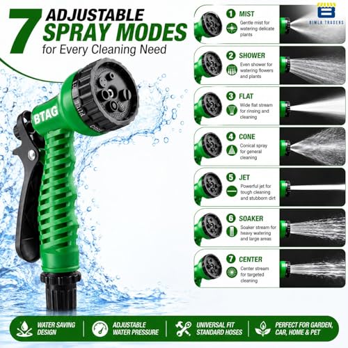 Image of Btag 7-Pattern Garden Spray Gun Hose Nozzle with Adjustable Trigger Handle, Water Spray Nozzle for Car Wash, Lawn & Garden Watering - with Orange Connector (SPRAY001 Green)