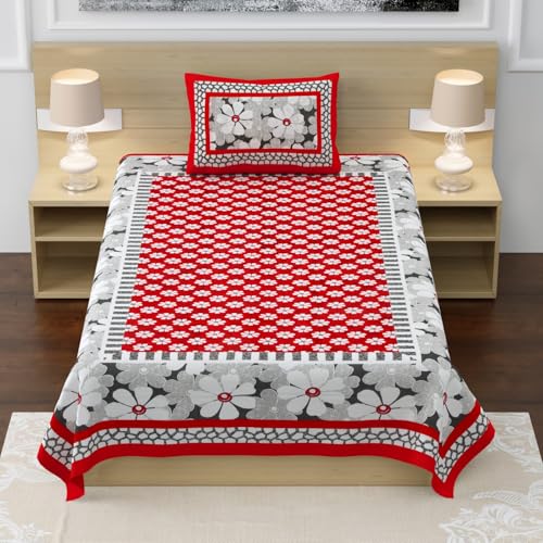 Image of RajasthaniKart Pure 100% Cotton Single Bed Sheet with 1 Pillow Cover (Bedsheet for Single Bed Cotton, Red Floral)
