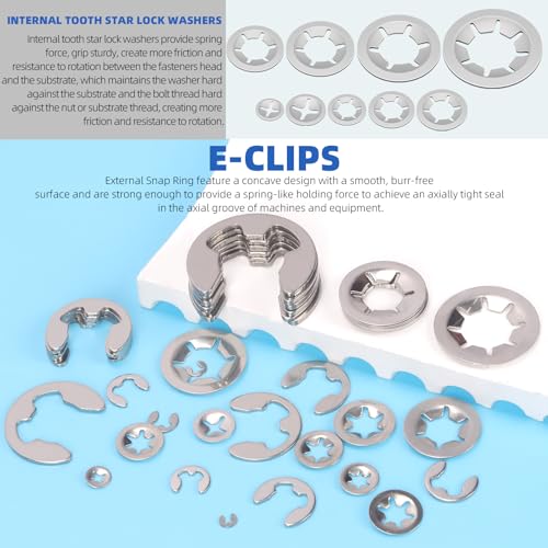 Glarks 237pcs 304 Edelstahl Interne Zahn Star Lock Unterlegscheiben und E-Clip Halteringe Kit Beinhaltet 100pcs 9 Größen Druck auf Verriegelungsscheiben und 136pcs 12 Größen E-Ring Circlip Ringe