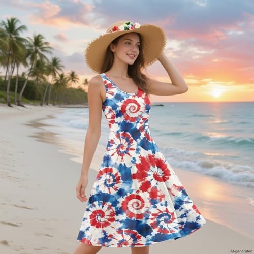 Image of TOADDITDO Women's Sleeveless O Neck Beach A-Line Party Coctail Tank Dresses Flared Sundress