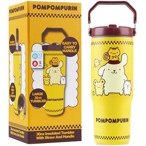 Get Trend Hello Kitty Pompompurin Vaso Termico con Asa y Pajita 850 ml, Termo Cafe Doble Pared, Acero Inoxidable Sin BPA para Llevar, Botella Agua Mantiene Frio 12h y Calor 5h (Amarillo Pompompurin)