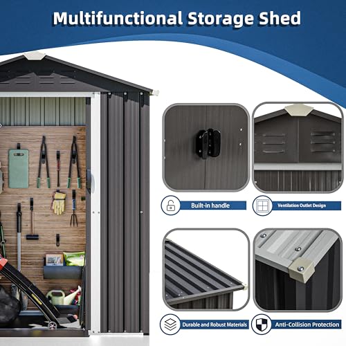 Image of JY QAQA 5x3 FT Metal Outdoor Garden Storage Shed,Waterproof Metal Garden Sheds with Window and Lockable Double Door,Weather Resistant Steel Tool Storage House Shed forPatio,Lawn (Gray)