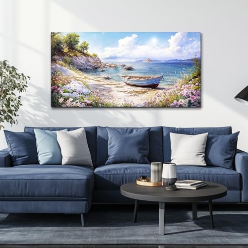 QIYILEXWART Canvas Wall Art For Living Room Wall Decor For Bedroom Office Wall Decoration Seaside Landscape Painting Boat Pictures Artwork Room Aesthetic Home Decor 20x40 In