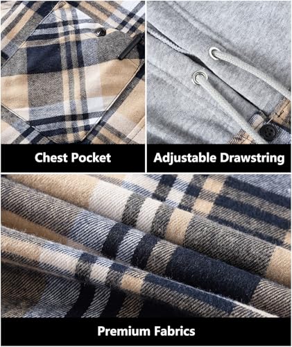 JACKETOWN Men's Flannel Long Sleeve Hoodie Shirts Casual Button Down Plaid Shirt Jackets Stylish with Pocket Beige - image 3