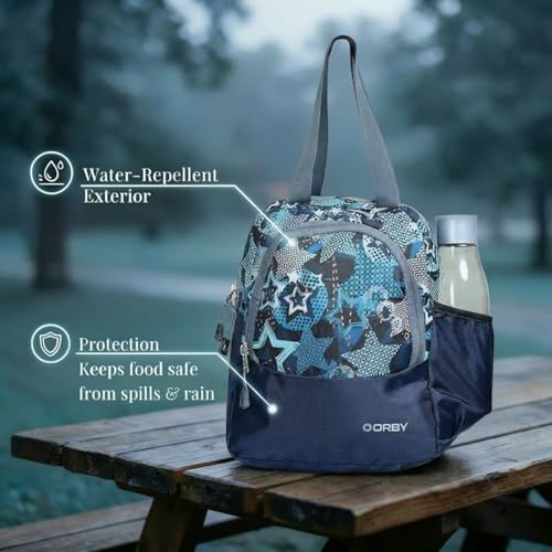 Image of ORBY Lunch Bag Star Navy Blue | Water-Repellent Durable Fabric | Tiffin Bag with Bottle Holder & Front Pocket | Strong Zipper & Spacious Meal Storage (Star Pattern, Navy Blue)