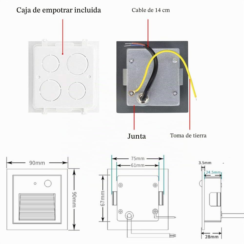 Arote - Juego de 4 lámparas led empotrables de pared iluminacion escalera led escalera empotrables (3 W, aluminio, 230 V, luz blanca cálida, IP65, impermeable), color negro