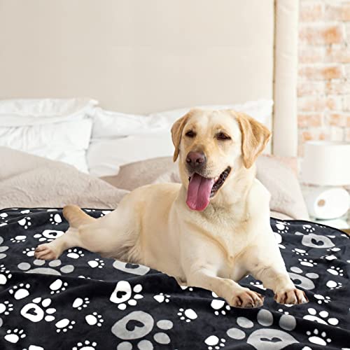 Ahoocustom Dog Blanket, Soft Fleece Dog Blankets For Large Dogs, Fluffy Flannel Pet Cat Puppy Blanket Mat Cover For Bed Couch, Cute Paw Print Throw Blanket For Dogs, Black 50"X40" #TOP2