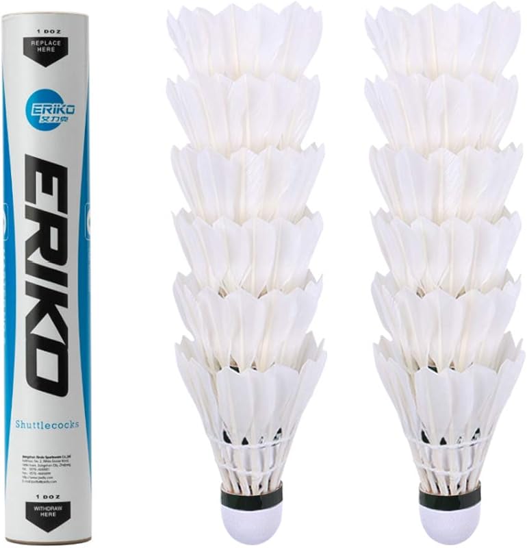SHENGJIE ERIKO Paquete de 12 volantes de bádminton de plumas de ganso con alta estabilidad y durabilidad, bolas de bádminton Birdies de alta velocidad modelo 6 | 12 volantes de plumas de ganso con faldas de 16 plumas y bases de corcho compuesto para la práctica de principiantes y el juego informal al aire libre.