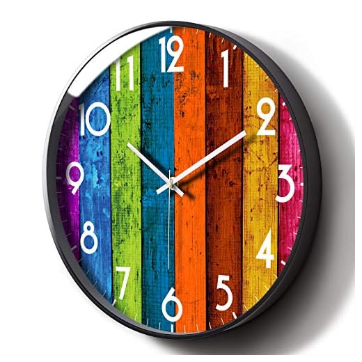 Silent Non-Ticking Wall Clock Colorful Multicolour Analog Large Display Mid Century Modern Battery Operated Quiet Unique Clock Vintage Decor for Living Room Garage Kitchen Kids Room Bathroom 12inch