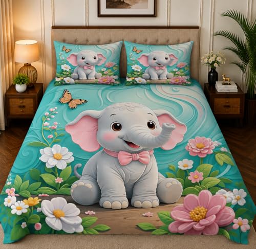 Image of 7D Digital Printed King Size Bedsheet with 2 Pillow Covers | Soft Premium Cotton Feel Microfiber Double Bed Bedsheet |Breathable,Wrinkle Free&Fade Resistant|(Blue Elefant, KingSize-225x250CM)