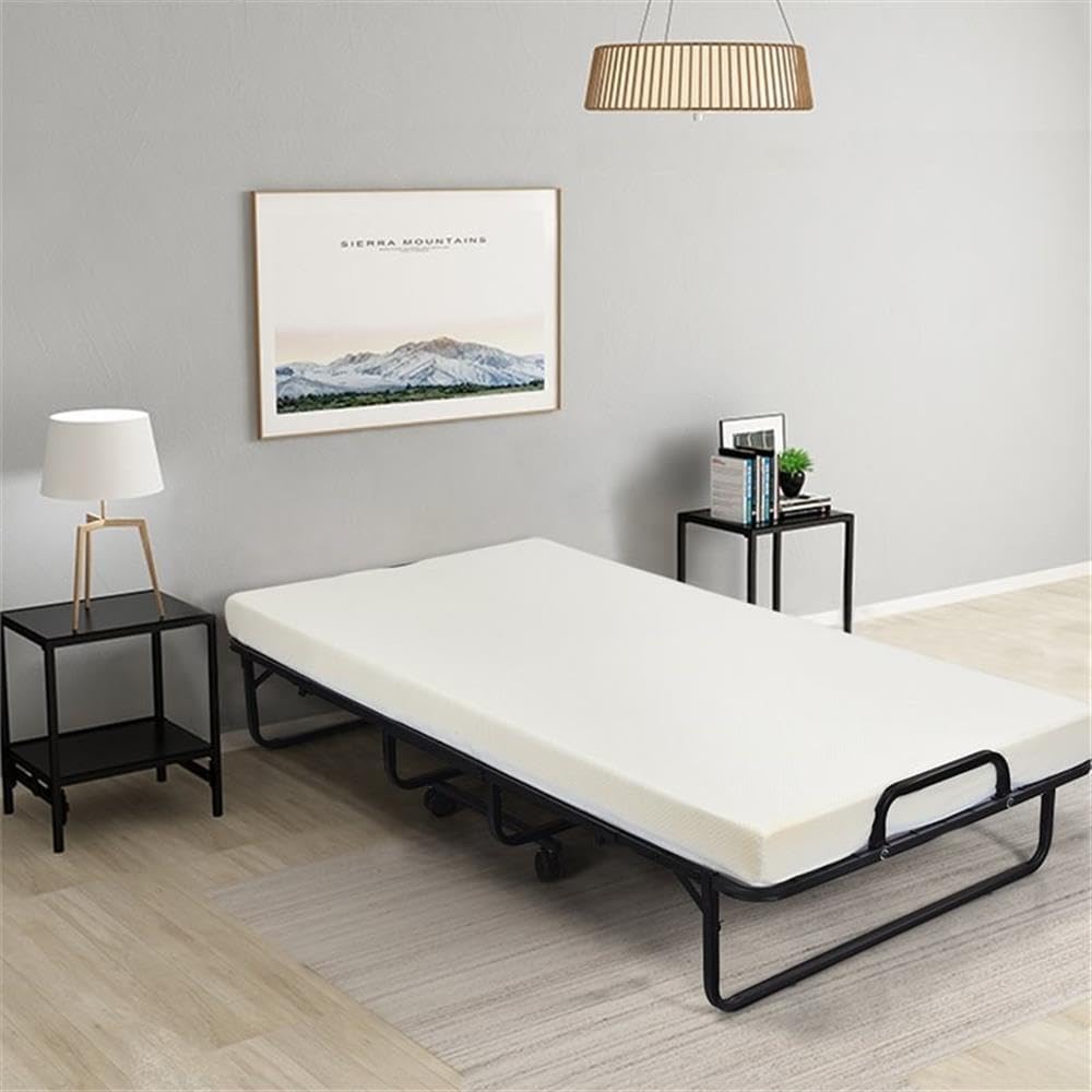 Pemberly Row Steel Foldable Daybed with 4 in Memory Foam Mattress, White Finish, Lockable Wheels, Compact Space-Saving Design, Durable Powder-Coated Frame, Guest Room Bed, Supports up to 640 lbs