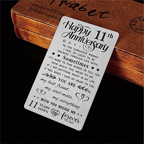 FALOGI 11th Anniversary Card Gifts for Wife, Happy 11 Year Anniversary Card, Metal Engraved Wallet Card