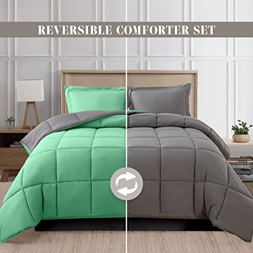 Image of Elegant Comfort 3-Piece Reversible Comforter Set, All Season Cozy, Soft Down Alternative, Quilted - Box Stitched - Duvet Insert with 4 Corner Tabs, Comforter with Shams, Cali King, Tiffany /Gray
