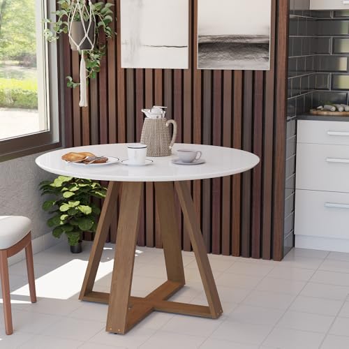 Mesa Jantar Eames Eiffel Redonda 110cm Lívia Base Madeira Maciça - Branca