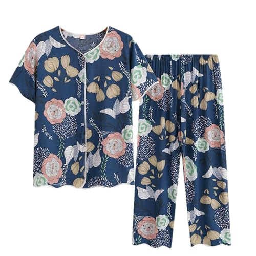 JXQXHCFS Conjunto de pijama estampado para mujer, cuello en V, manga corta, pantalón de nueve puntos, ropa de dormir para mujer, ropa de casa, T-801, L
