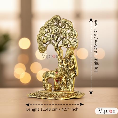 Image of Brass Finish Metal Lord Krishna with Cow and Tree Statue - Spiritual Hindu Art Decor for Home, Office, and Pooja Room - 5.7-inch Elegant Statue of Krishna
