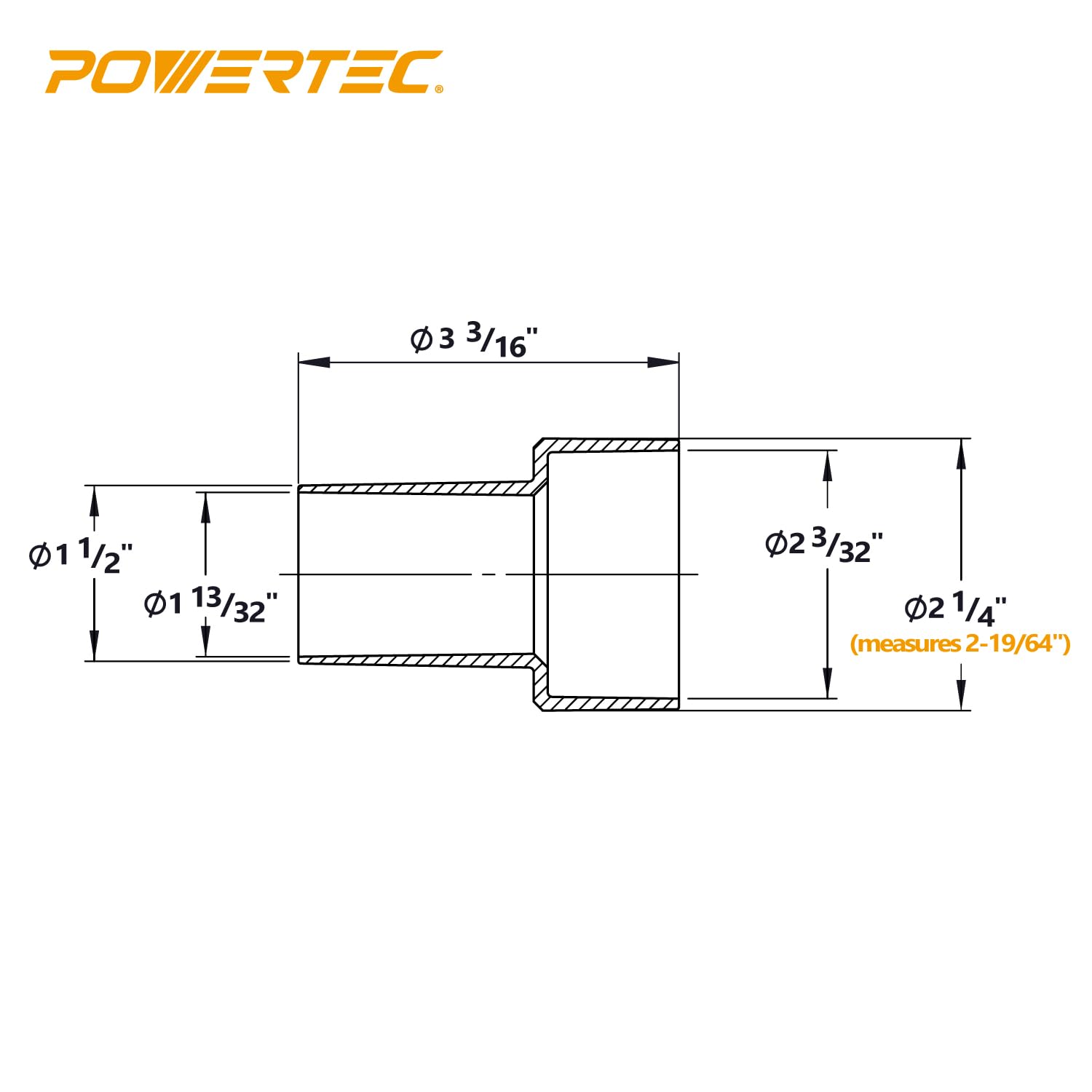POWERTEC 70164-P2V Reduzierstück, 6,4 cm Außendurchmesser auf 3,8 cm Außendurchmesser, 2 Stück