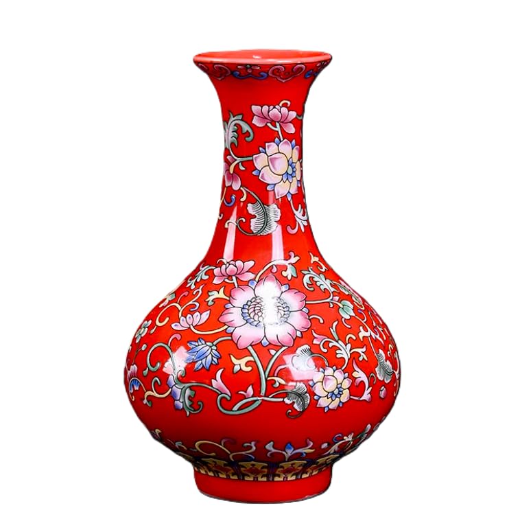 5.3 Inch Small Ceramic Vase for Flower, Handmade Elegant Fat Belly Vase, Vintage Chinese Painting Porcelain Decorative Vases for Office Home Decor Red