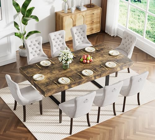 Image of Rustic Brown Dining Room Table Set for 8, 9-Piece 63 inch-78.74 inch Extendable Dining Table Set with 8 Upholstered Chairs, Rectangle Wooden Expanding Kitchen Table and Beige Chairs Set