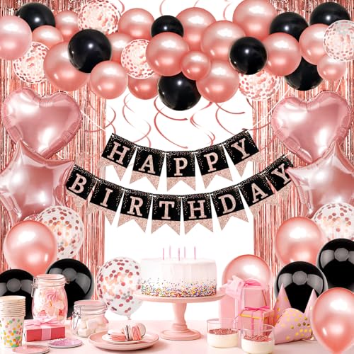 Décoration d'Anniversaire Or Rose et Noir - Guirlande de Ballons et Rideaux de Fête de Qualité Supérieure Pour Garçons, Filles et Hommes