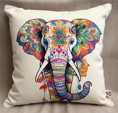 FanZheZhe Cross Stitch Cushion Kit, Colorful Elephant(45X45Cm) Cushion Back Included, Pre Printed Canvas, Yarn and Needle Included