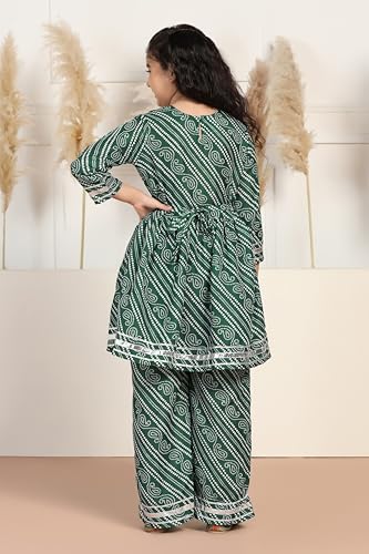 Image of Fashion Dream Girl's Cotton Blend Printed Peplum Kurta and Pant Set|Kurti And Pant Set|Ethnic Set|Printed kurta Set(FDGSET00171 GRN 24 Green 5-6Yrs)