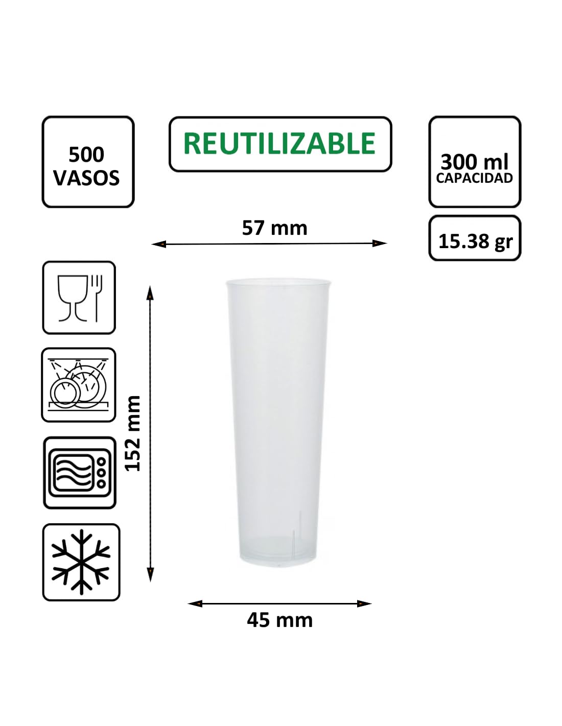 500 unidades - Vaso Tubo 300 ml Reutilizable Ligero - Polipropileno (PP) - Color traslúcido - Vaso ecológico Libre de BPA, Ideal para cerveza, cubatas, agua