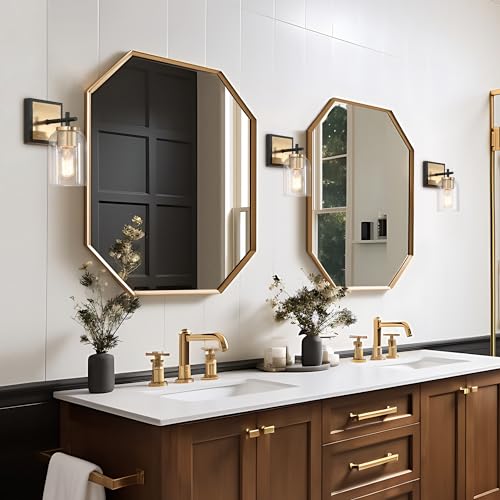 Image of KSANA Black & Gold Wall Sconces, Electroplate Brass Sconce Wall Lighting, Modern 1-Light Bathroom Light Fixtures with Clear Glass Shade for Stairway, Living Room and Kitchen
