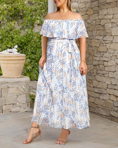 Image of Plus Size Chiffon Off The Shoulder Maxi Long Floral Summer Casual Beach Boho Sundress Women 2024