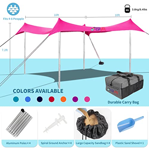 Tesalate Adjustable 4 Thicken Aluminum Poles Sun Shade Sail Shelter Portable Beach Tent Pop Up Canopy Windproof Uv Protection Tents Toldo Carpas Para Playa With Anchors Sandbags Tarp 10X10 Ft Hot Pink #TOP2