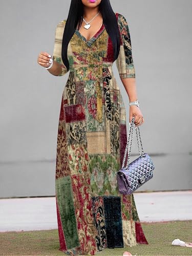 Image of Women's Plus Size Maxi Dresses Long Sleeves V Neck Floral Print Bohemian Swing Long Dress with Belt