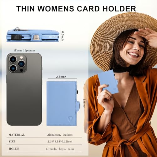 Image of Pop Up RFID Wallet Women, Small Wallet for Women Compatible with Airtag, Tri-fold Genuine Leather Wallet Women with Mirror, Zp-Blue, Business Casual Style