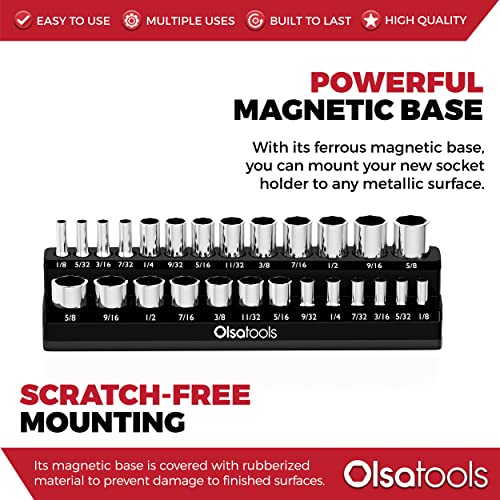 Image of Olsa Tools Magnetic Socket Organizer - 1 /4-Inch Drive SAE Socket Holder with Strong Magnets - Professional Tool Holder and Organizer - Stores up to 26 Sockets - Black - Part: 1542