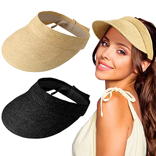 Jeyiour 2 Pcs Straw Visor Hats For Women Sun Visor Hats Foldable Wide Brim Summer Beach Hat For Women Girls, Black And Beige #TOP11