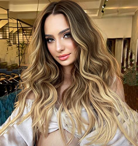 ORSUNCER Long Wavy Ombre Blonde Wig for Women Middle Part Ash Blonde Wave Wigs Natural Looking Synthetic Hair for Daily Party Use 22 Inch
