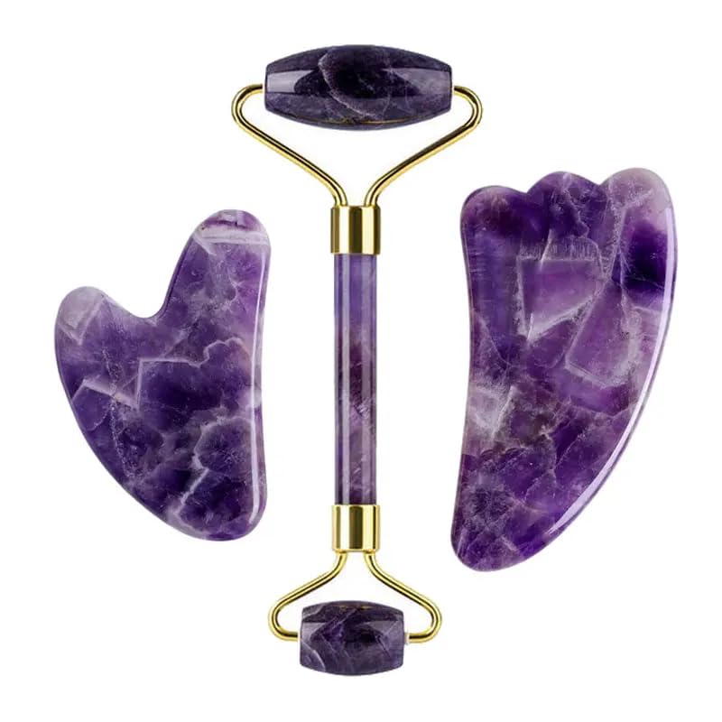 Face Roller Gua Sha Gouache Scraper Natural Amethyst Rose Jade Stones Roller and Guasha Set Facial Lift Skin Care Tools, Type 4