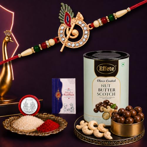 DeoDap Designer Murli Flute Rakhi for Brother with Choco Coated Nut Butterscotch Chocolate 96gm, Pooja Coin, Roli Chawal & Card | Rakhi with Chocolate