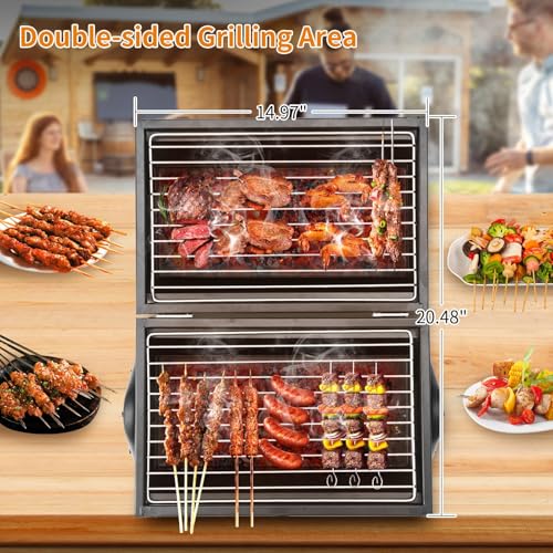 Przenośny grill na węgiel drzewny, z kominem, klipsy, rękawiczki, dwustronne miejsce do grillowania, mini grill na węgiel drzewny, na zewnątrz, kemping, przyjęcie na podwórku
