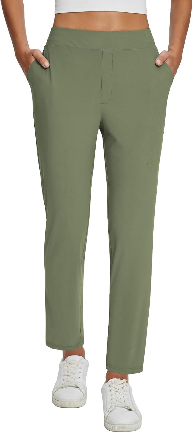 baleaf Womens Travel Pants Lightweight Stretch with Zipper Pockets Summer Dressy Golf Work Business Casual Army Green XXL