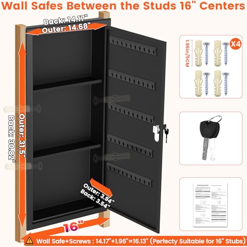 Image of 31.5 inch Tall Wall Safes Between the Studs with 2 Removable Shelf, Lockable Hidden Safe Box with 50 Hooks for Keys Jewellery, in Wall Safe for Money Medicines Valuables