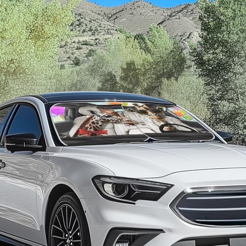 Image of Funny Giraffe Car Sun Shade for Windshield Foldable Sunshade Front Window Cover Sun Visor 2 PCS Car Windshield Sun Shade Reflect UV Sun and Heat and Protect Your Car